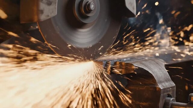 Abrasive cutting wheel grinding metal with fiery sparks in industrial workshop