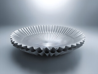 Modern silver decorative plate with ridged edge and pleated design on gray background with spotlight, luxury home decor object