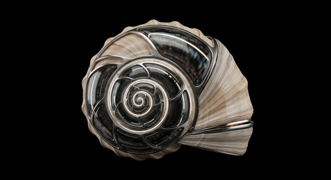 Futuristic Cybernetic Seashell 3D Render on Black Background