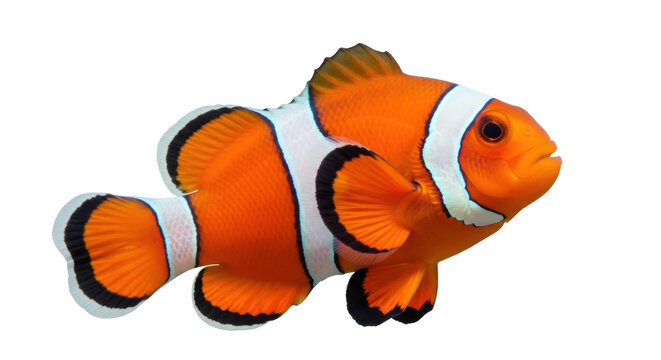 Orange clownfish PNG isolated on transparent background, vibrant tropical reef fish with distinctive white stripes for marine life designs