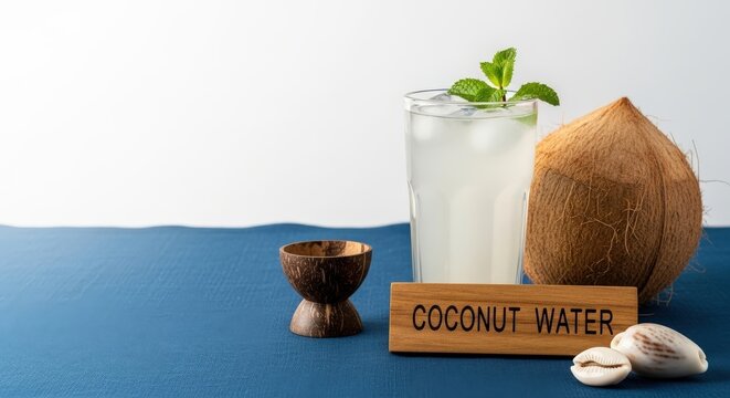 Fresh Hydrating Coconut Water with Mint on Indigo Boubou with Bright Left Copy Space