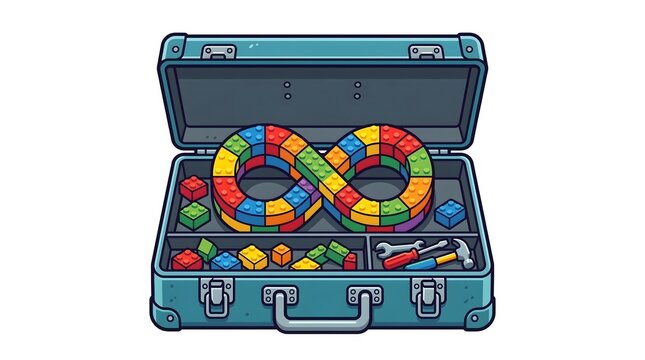 Open Toolbox with Toy Bricks Forming Infinity Symbol Isolated on White Background.
