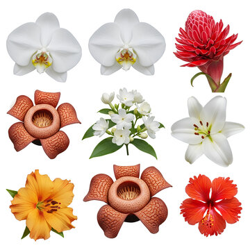 Collection of Exotic and Common Flowers Isolated on White Background.