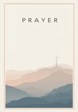 religious prayer card with mountain landscape and cross