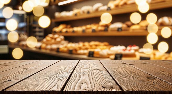 Weathered oak table top with blurred bakery background showing fresh bread and pastries on shelves