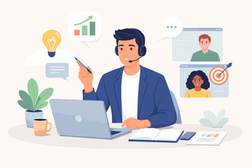 Professional Business Advisor and Life Coach Conducting an Online Mentorship Session via Video Call with Diverse Clients, Featuring Laptop, Headset, and Icons for Ideas, Growth, and Targets.