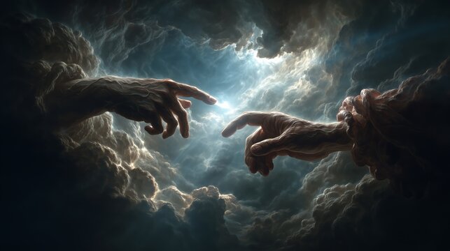 Divine hands reaching, connecting in a celestial sky with sunbeams and clouds