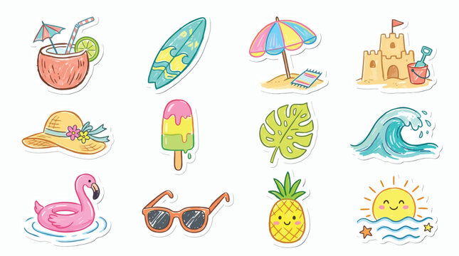 A collection of colorful hand-drawn summer-themed stickers featuring beach items like a coconut drink, surfboard, sandcastle, sun hat, flamingo float, and pineapple.