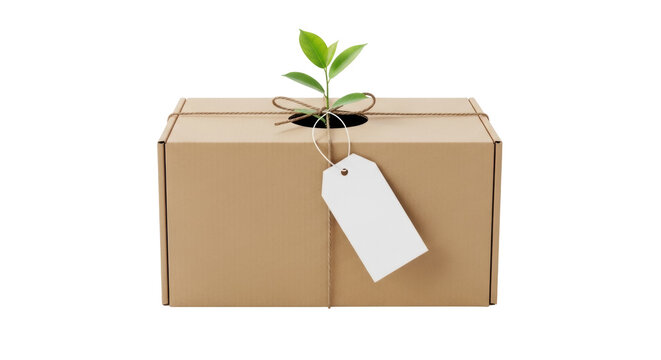 Brown cardboard box with plant and tag isolated PNG, sustainable gift concept for eco-friendly packaging and delivery on transparent background