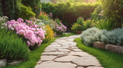 Obraz premium Serene Garden Pathway Surrounded by Vibrant Flowers and Lush Greenery Under Soft Morning Light