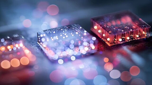 Futuristic glowing microchips processing data on a circuit board with abstract blue and red bokeh lights