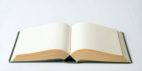 Fototapeta premium Open book rests upon white surface. Pages blank, inviting content. Minimalist aesthetic, simple composition. Focus remains solely on text potential.