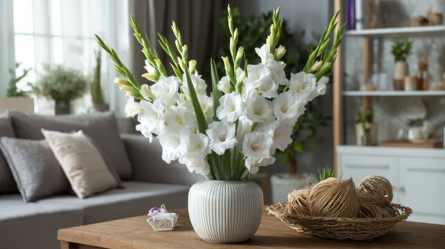 White gladiolus flowers in a vase sit on a wooden table in the living room.