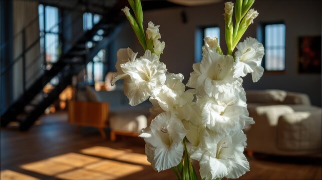 White gladiolus flowers in a vase sit on a wooden table in the living room.
