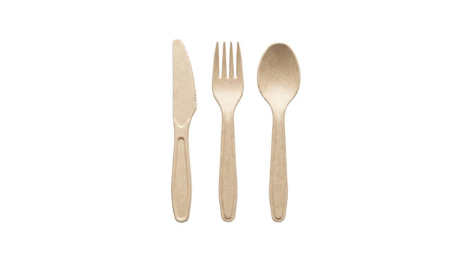 Biodegradable disposable cutlery set with knife fork and spoon isolated on transparent background