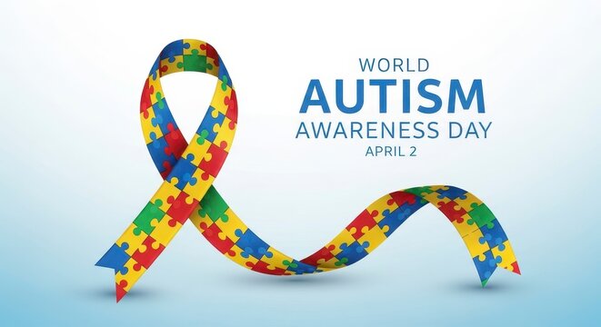 Colorful autism awareness ribbon for World Autism Day on April 2 celebration background
