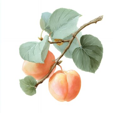 apricots hanging on a branch with leaves