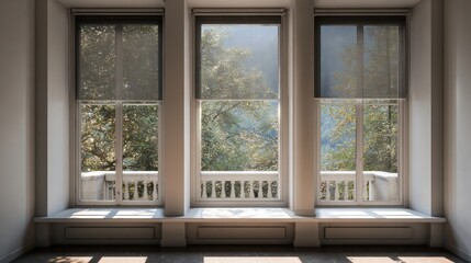 Fototapeta premium Window screens sit by a light grey wall inside, positioned above a view.