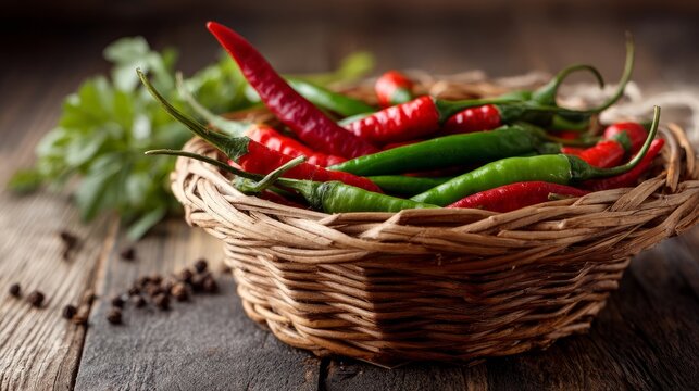 Chilli peppers, vibrant and fresh, filled a wicker basket sitting on a wooden table.