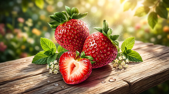 Fresh Strawberries with Mint and Water Drops on Wood