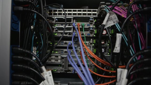 Closeup of network switch with multiple ethernet cables connected to ports inside data center server rack, close up shot showing internet infrastructure hardware and data transmission equipment