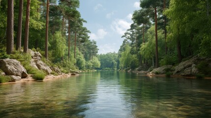 Obraz premium Serene Forest Landscape with Tranquil River and Lush Green Trees Under Clear Blue Sky