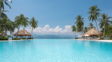 Fototapeta premium Tranquil Tropical Paradise with Clear Blue Water and Lush Palm Trees Under a Bright Sunny Sky