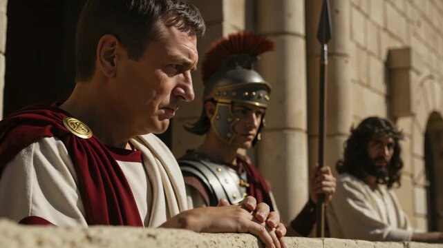 Pontius Pilate judging Jesus Christ. Cinematic close up of Roman governor with a conflicted expression on a stone balcony. Biblical history and religion concept