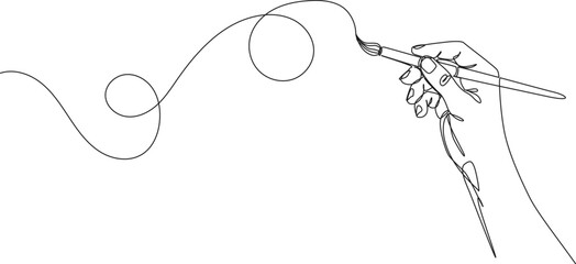 continuous line drawing of hand holding fine paintbrush, painting line art vector illustration © Christian Horz