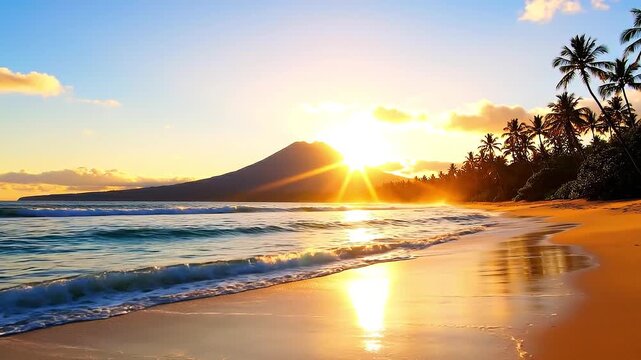 Golden Sunrise over Tropical Beach with Volcano and Palm Trees