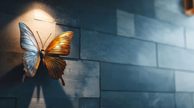 Metallic butterfly sculpture with contrasting gold and silver wings offering duality concept on textured wall