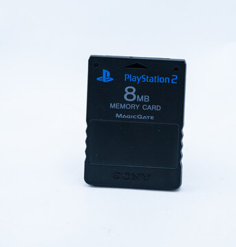 Gothenburg, Sweden - August 04 2024: Sony PlayStation 2 eight megabyte memory card standing upright on white surface.