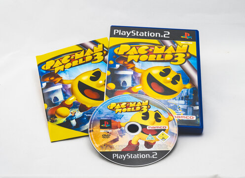 Gothenburg, Sweden - August 04 2024: PlayStation 2 Pac Man World 3 game with case manual and disc.