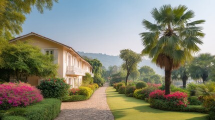 Obraz premium Tranquil Pathway Through Lush Garden Landscape with Palm Trees and Colorful Flowers Near Elegant Building