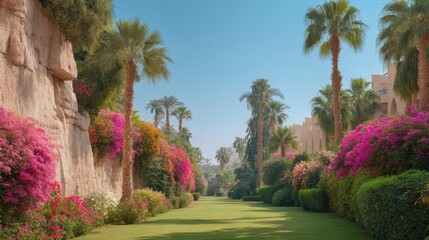 Obraz premium Lush Green Pathway Surrounded by Colorful Bougainvillea and Palm Trees in a Scenic Tropical Garden Oasis