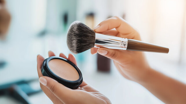 Hand holding makeup brush dipping into pressed powder compact, applying cosmetic for beauty routine