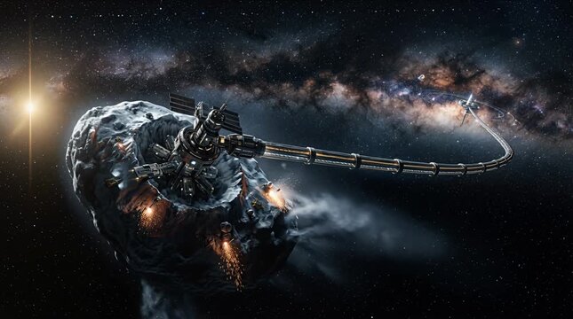 Advanced space station mining asteroid in cosmic nebula, exploration, future. space station, nebula, galaxy.