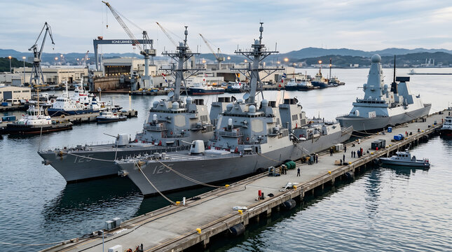 Grey military warships docked alongside modern naval frigate in bustling port environment