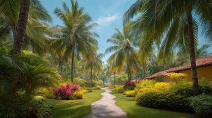 Obraz premium Tranquil Pathway Through Lush Tropical Garden with Palm Trees and Vibrant Flowers Under a Clear Blue Sky