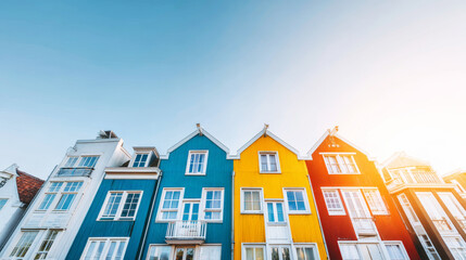 Row of vibrant colorful houses with blue, yellow and red facades under clear sky, representing urban architecture