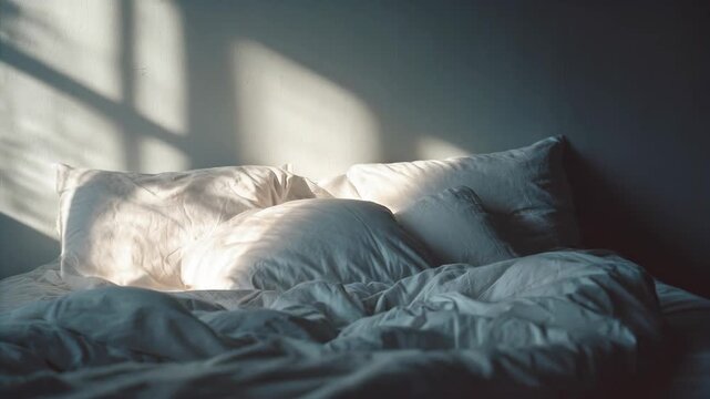 Morning sunlight casting shadows on a wall behind an empty unmade bed with white linens