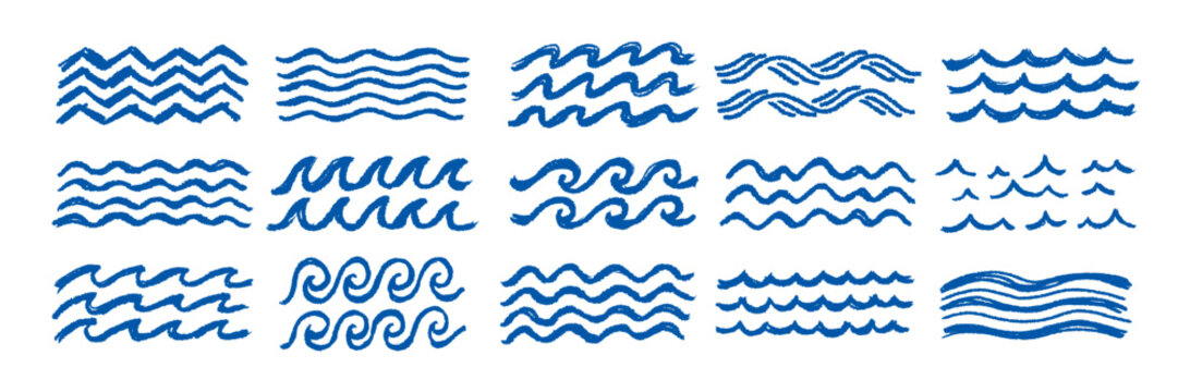 Crayon blue ocean waves patterns set. Curly sea surf lines with rough pastel texture. Children nautical fabric decoration design elements. Vector illustration
