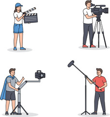 Flat vector illustration set of film production crew including camera operator boom mic technician clapperboard assistant and crane operator isolated on white background. © Jannatun