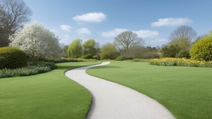 Naklejka premium Serene Spring Landscape Featuring Curved Pathway Through Lush Green Grass and Blooming Flowers Under Clear Blue Sky