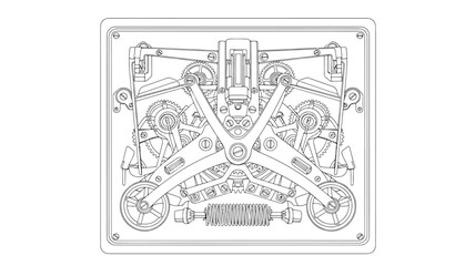 Fototapeta premium A detailed line drawing of a mechanical device, perfect for adult coloring books, showcasing intricate engineering designs and complex machinery in a square frame.