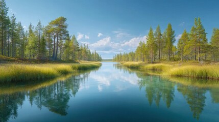 Obraz premium Serene River Flowing Through Lush Green Forest Under Clear Blue Sky and Fluffy White Clouds in Summer Landscape
