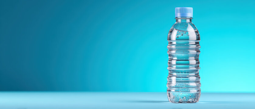 Plastic water bottle with blue cap filled with clear liquid standing on blue surface with gradient blue background, refreshing and clean hydration concept