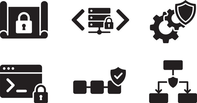 Infrastructure as Code IaC Security and DevSecOps Automation Symbols Solid Black Vector Silhouette Icon Set for Cloud Architecture
