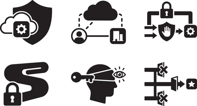 Zero Trust Network Access ZTNA Symbols for Secure Application Cloaking and Broker Mediated Access Solid Black Vector Silhouette Icon Set