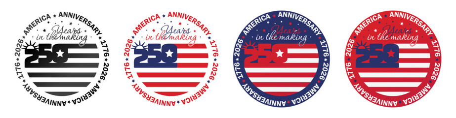 Round badge elements set for USA 250 Years Anniversary. Independence day of America stamps, round seal for 4th of July. Patriotic sticker with flag and stars and liberty symbol. Vector illustration © ugguggu